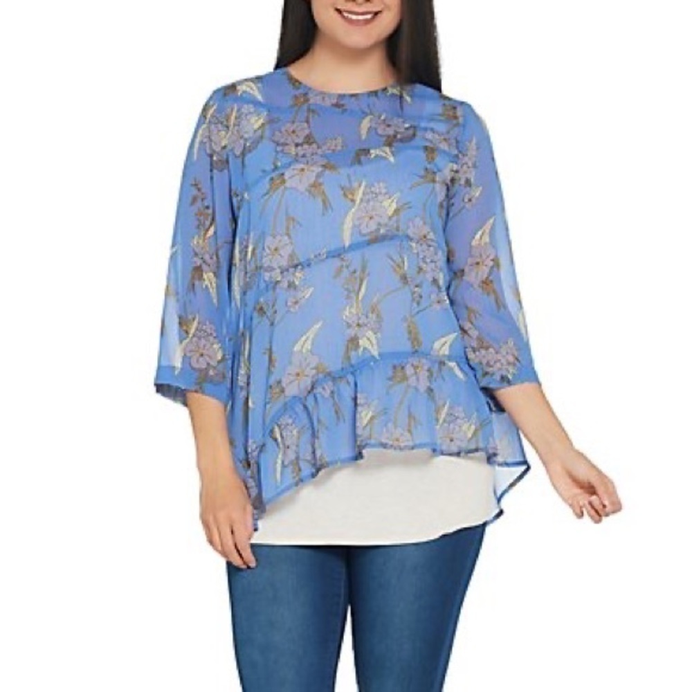 LOGO by Lori Goldstein Blue Floral Printed Sheer Woven Blouse Top Size Large
